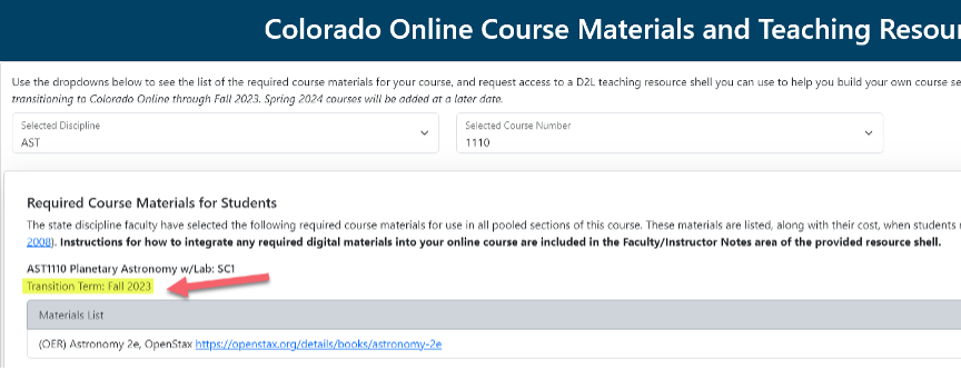 colorado online course materials and teaching resource shells form transition term