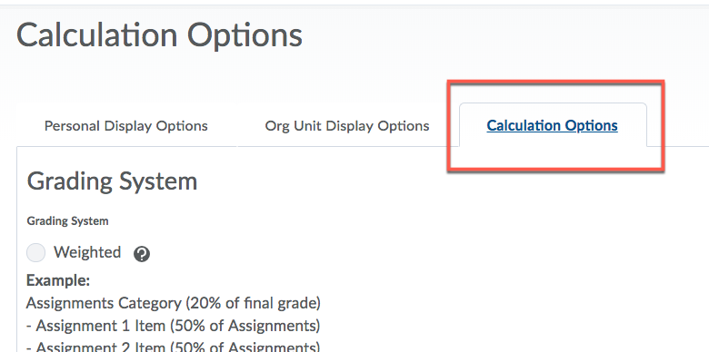 D2L Grades Calculation Options