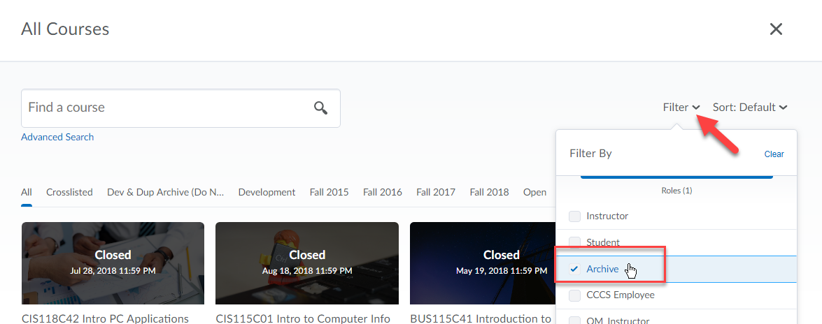 D2L Filter Archived Courses