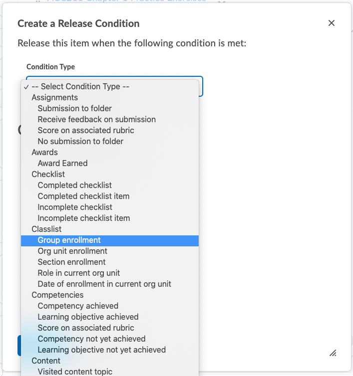 D2L create group enrollment release condition