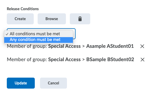 D2L Release Condition-any condition must be met