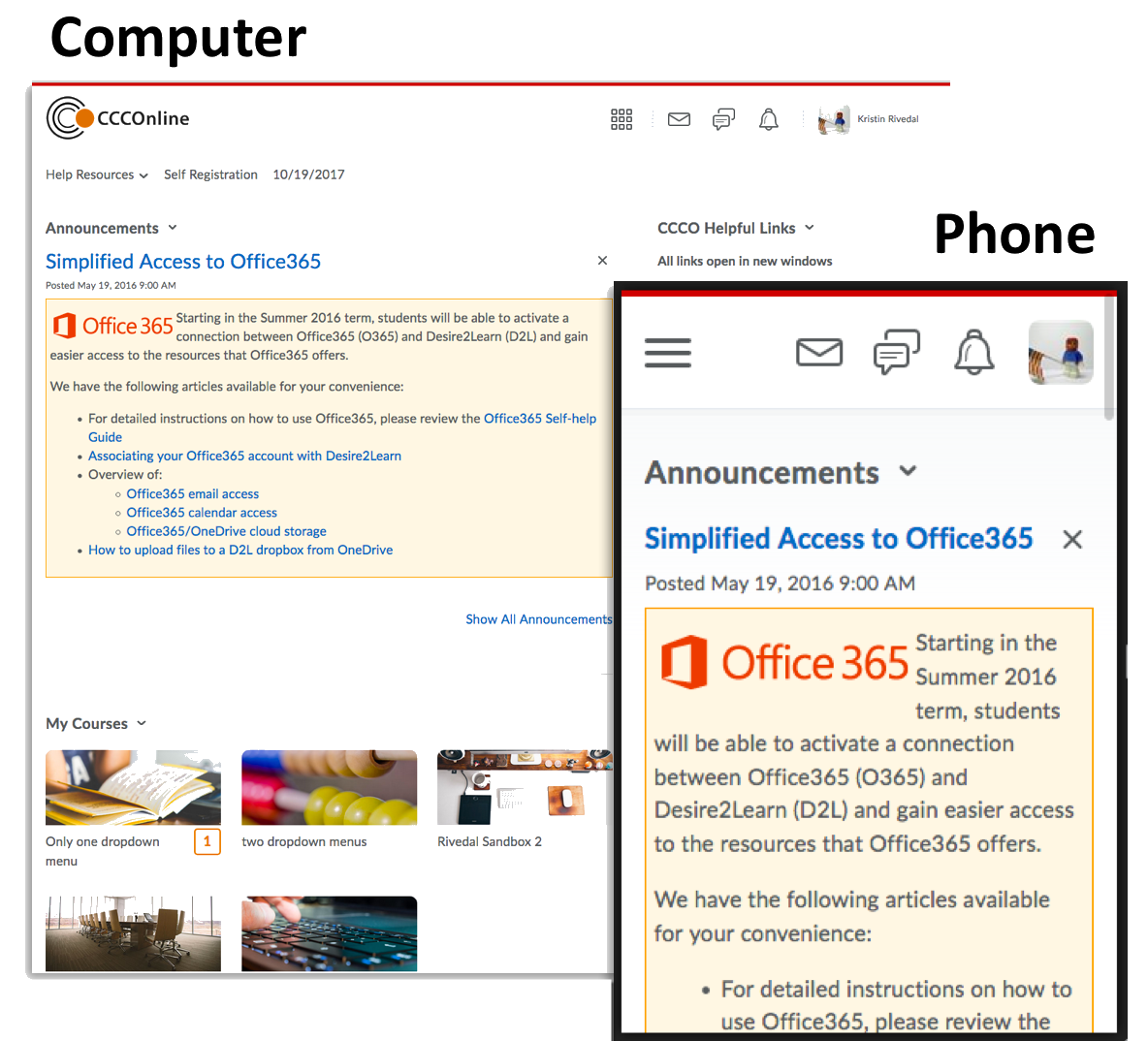 image of D2L My Home page as shown on a computer and on a phone