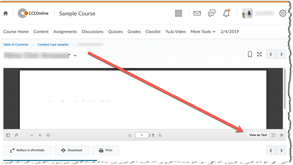 D2L Content window with pointer to "view as" button