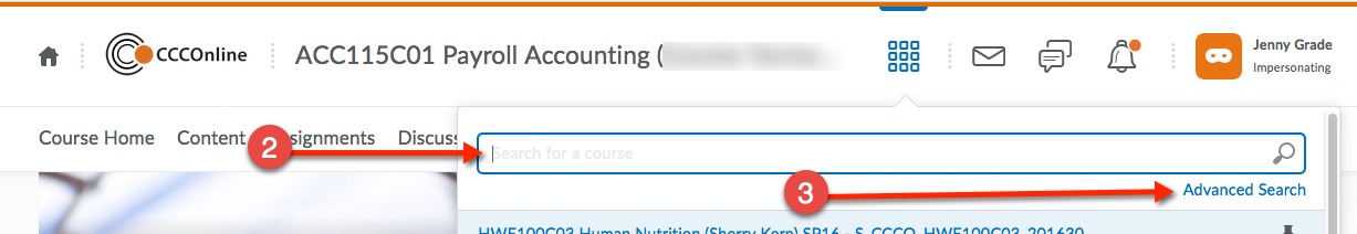 D2L navigation with Course Selector highlighted