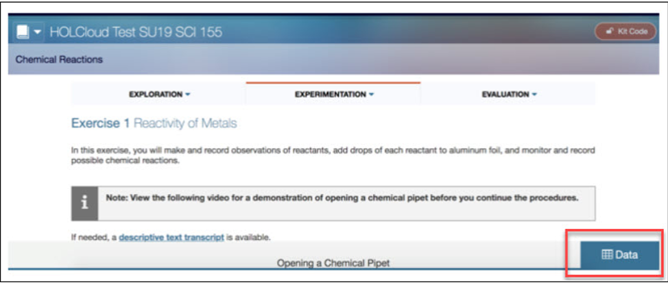 HOL Experimentation Data button