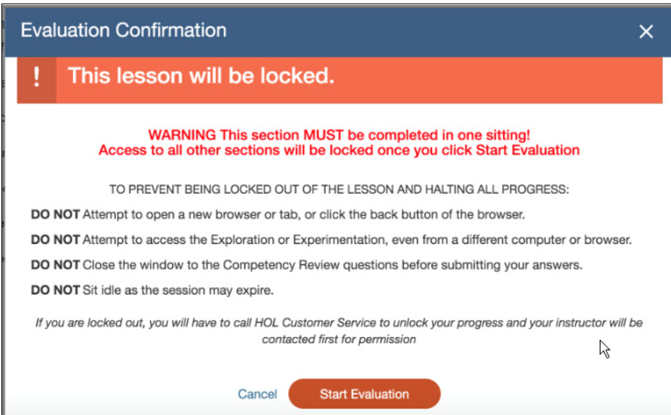 HOL lab evaluation confirmation window