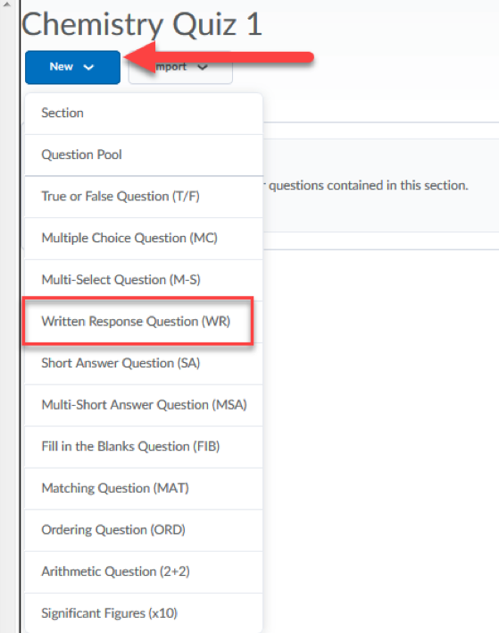 D2L Quiz-New Question-Written Response