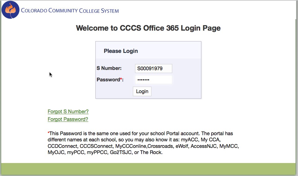 CCCS Office365 S-number sign in screen