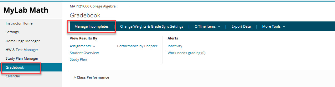 Pearson MyLab Gradebook example