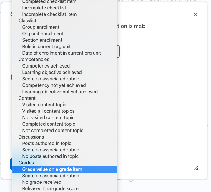 D2L release condition-grade value on a grade item
