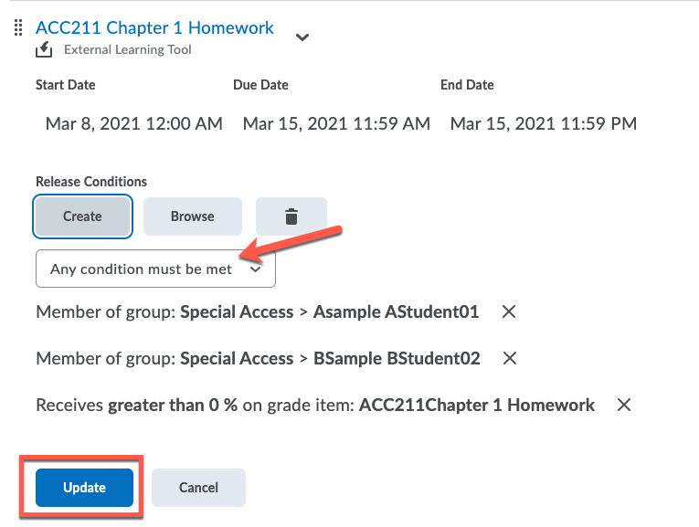 D2L Release Condition-any condition must be met