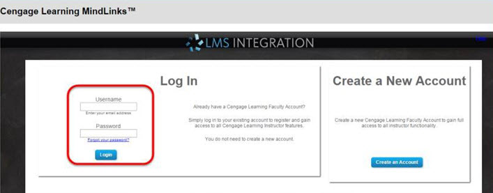 Cengage Log In Window