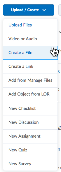 Upload/Create menu with "Create a File" highlighted