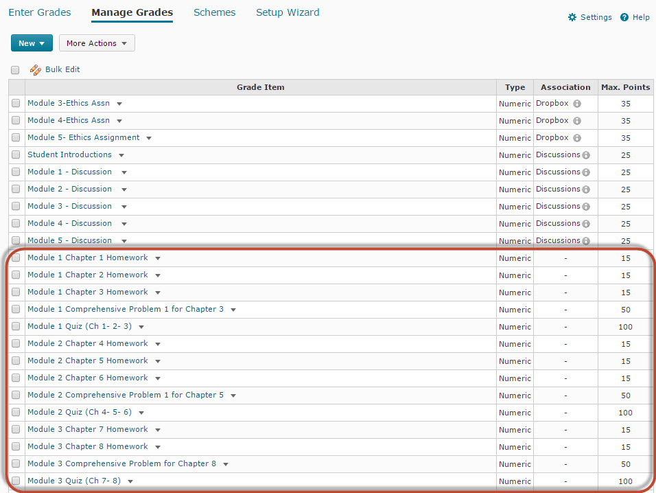 D2L Manage Grades Window show Number Grade Items