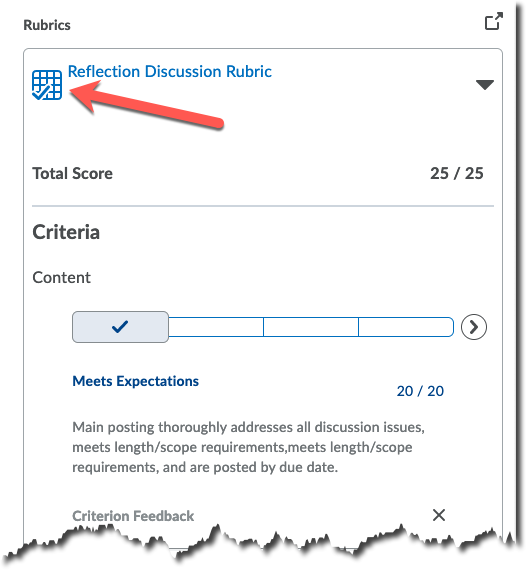 cropped screenshot of the assignment assessment page with arrow pointing to rubric icon