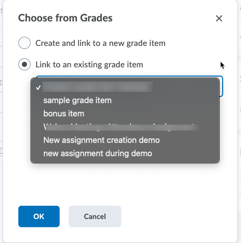 cropped screenshot of the available grade items menu