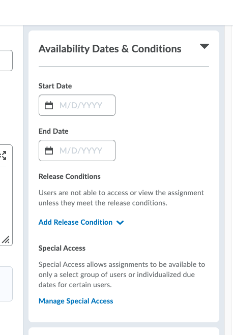 cropped screenshot of Availability Dates & Conditions panel