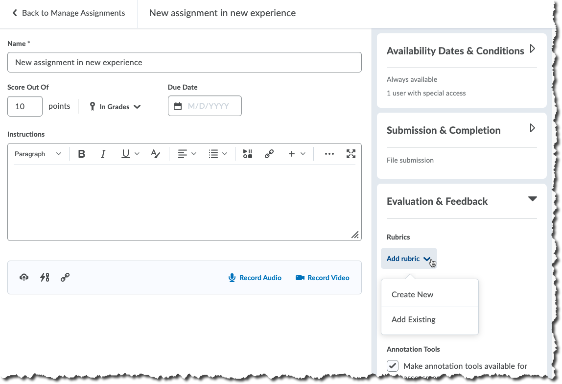 assignment creation screen with evaluation & feedback area opened and rubric menu 