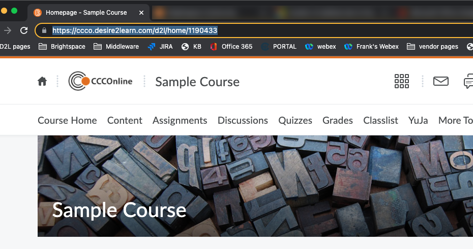 image of web browser with D2L course and address bar