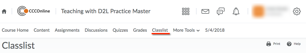 D2L navigation with Classlist identified