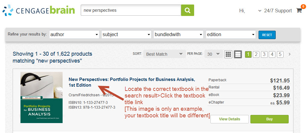 CengageBrain search results window
